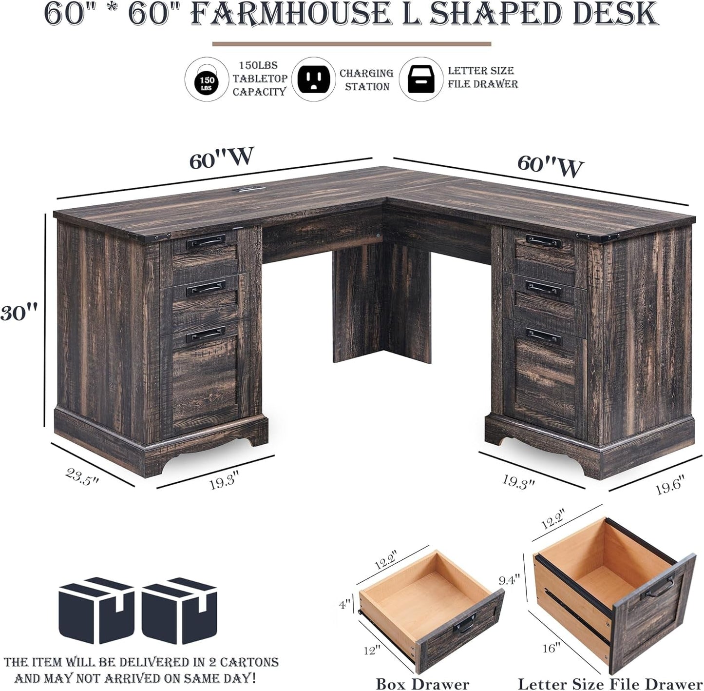 60In Farmhouse L Shaped Desk With Drawers Charging Oak