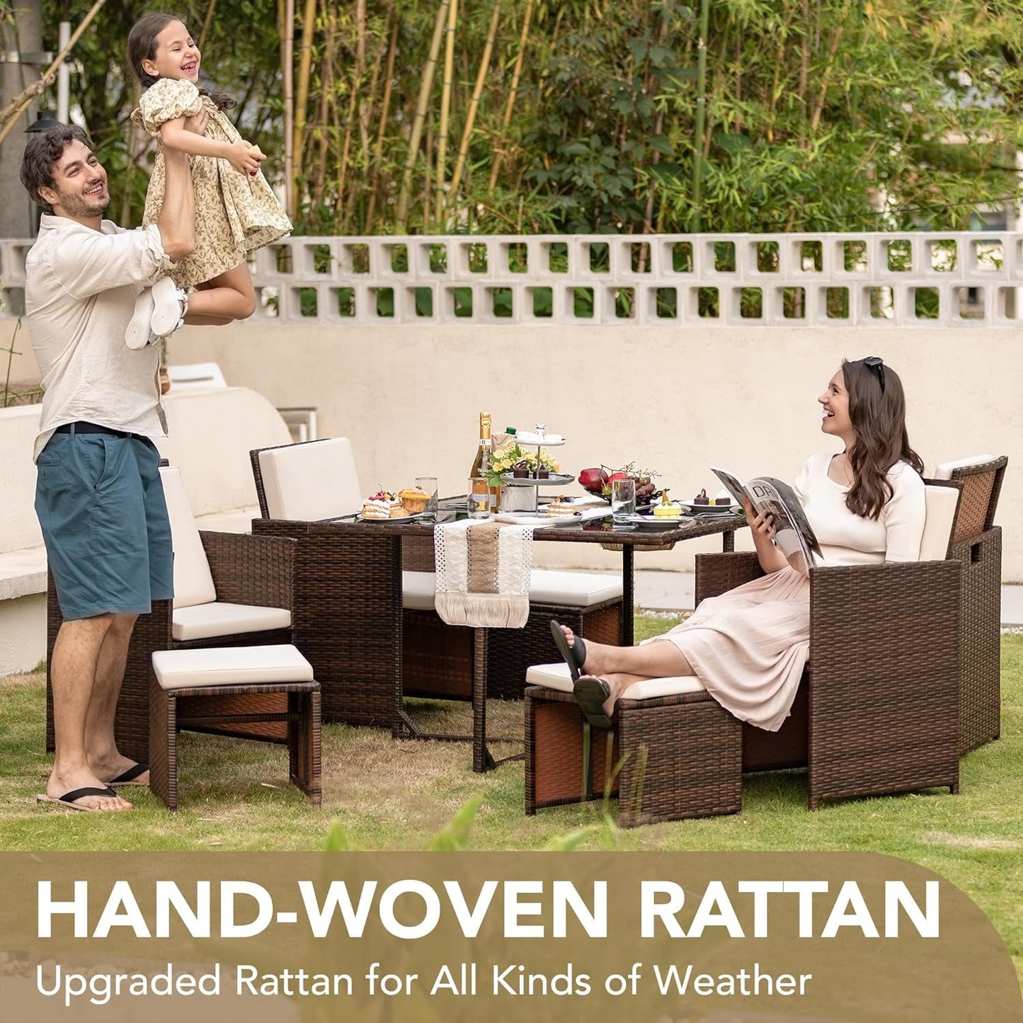 9 Piece Outdoor Patio Dining Set Rattan Chairs With Glass Table Beige Cushioned