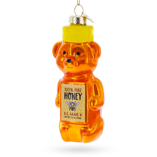 Honey Bear With Label Detail Glass Christmas Ornament