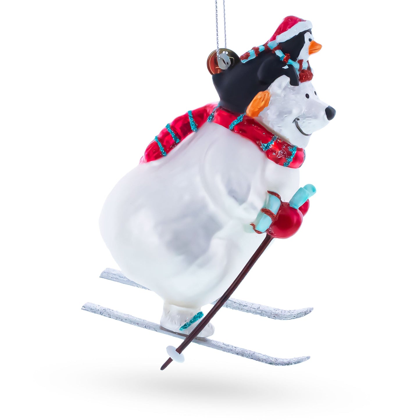 Skiing Polar Bear with Penguin Glass Christmas Ornament