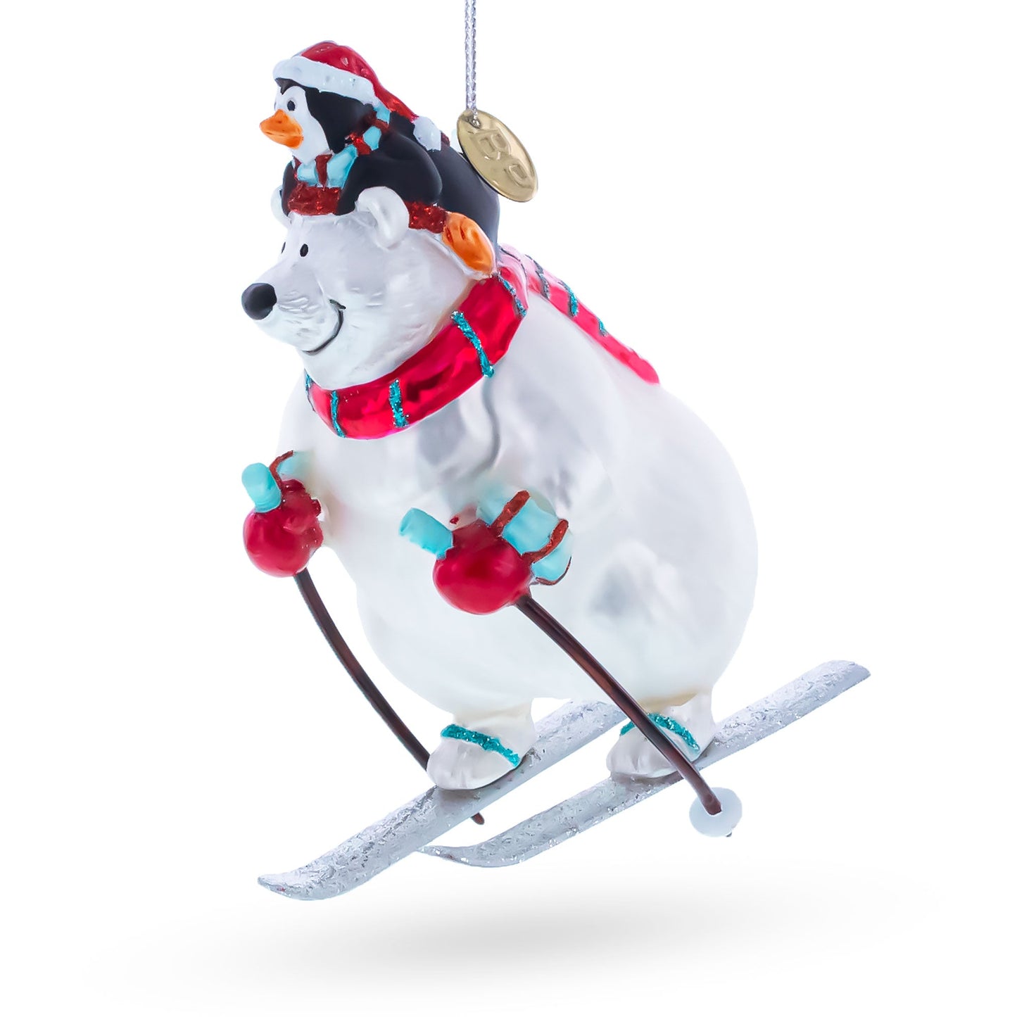 Skiing Polar Bear with Penguin Glass Christmas Ornament