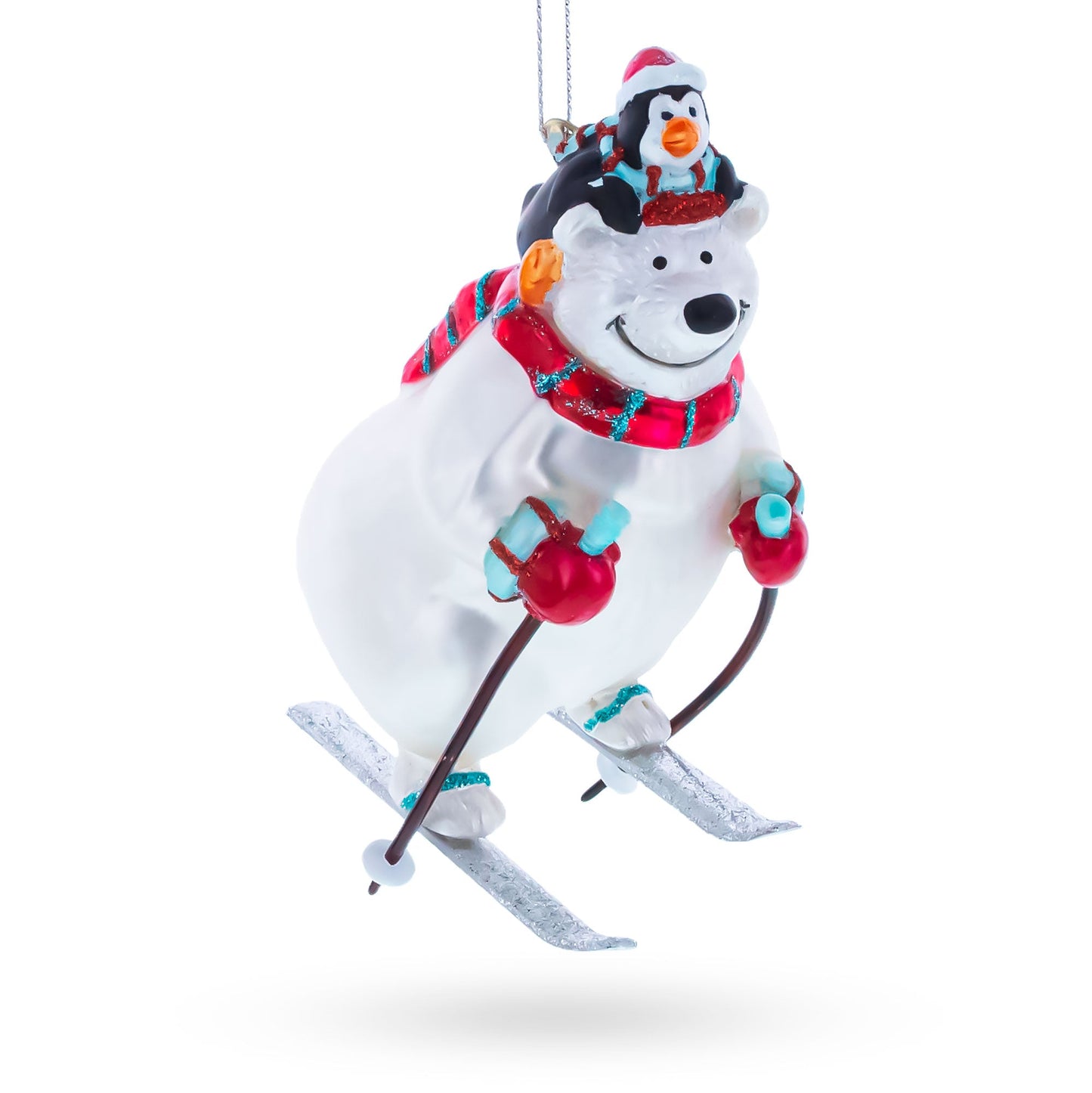 Skiing Polar Bear with Penguin Glass Christmas Ornament