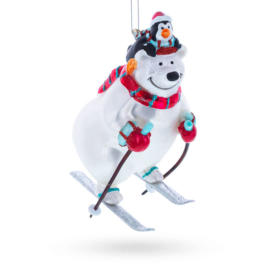 Skiing Polar Bear with Penguin Glass Christmas Ornament