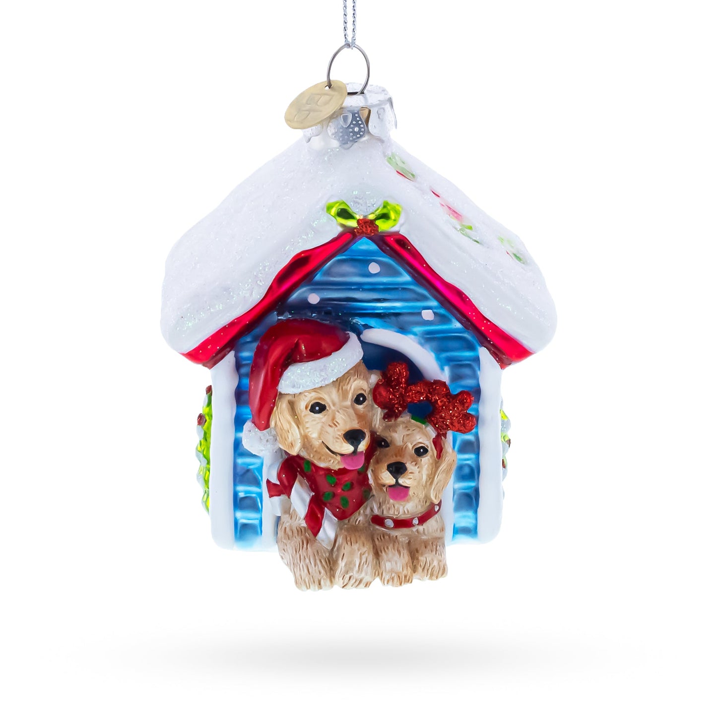 Crhsitmas Doghouse with Two Holiday Puppies Glass Christmas Ornament