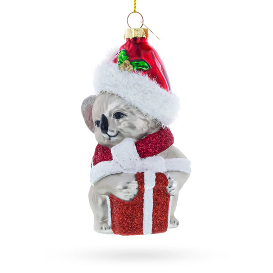 Koala with Present Glass Christmas Ornament