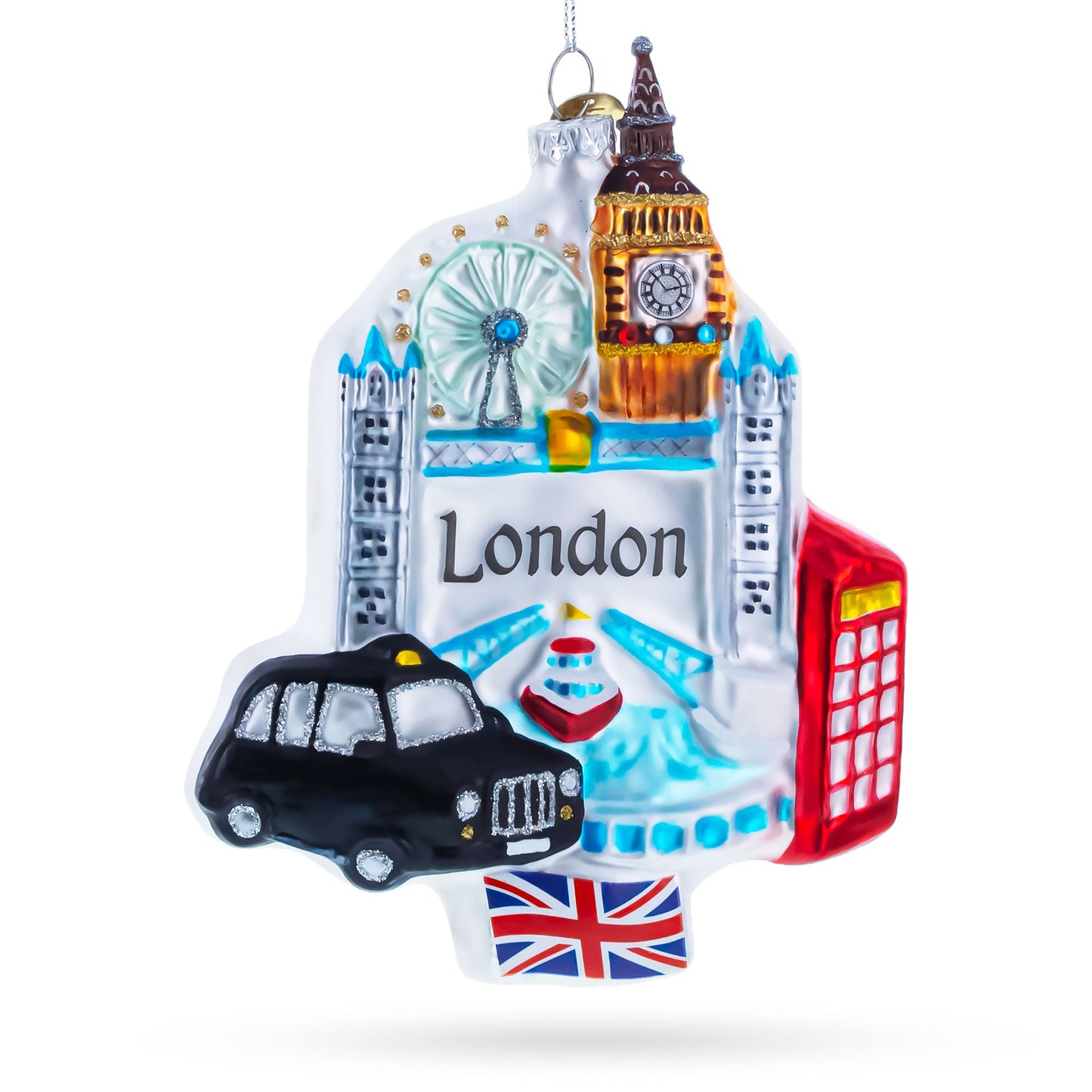 London Landmarks with Big Ben and Taxi Glass Christmas Ornament