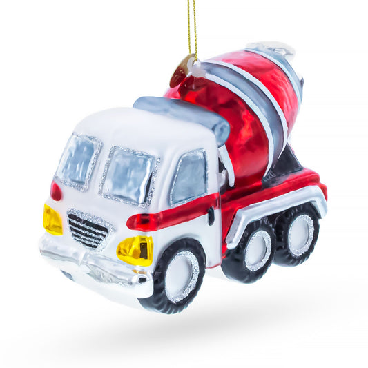 Striped Concrete Mixer Construction Vehicle Glass Christmas Ornament