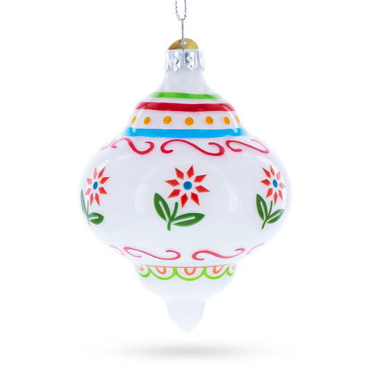 White Finial with Red Floral Pattern Glass Christmas Ornament
