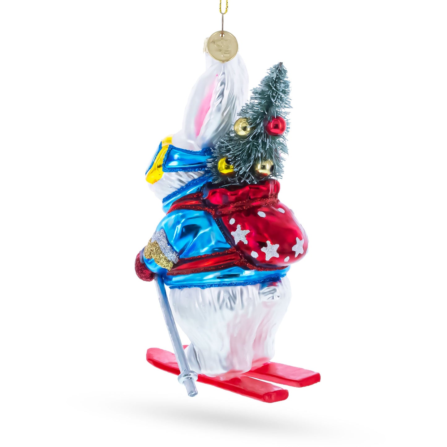Skiing Bunny with Backpack Glass Christmas Ornament