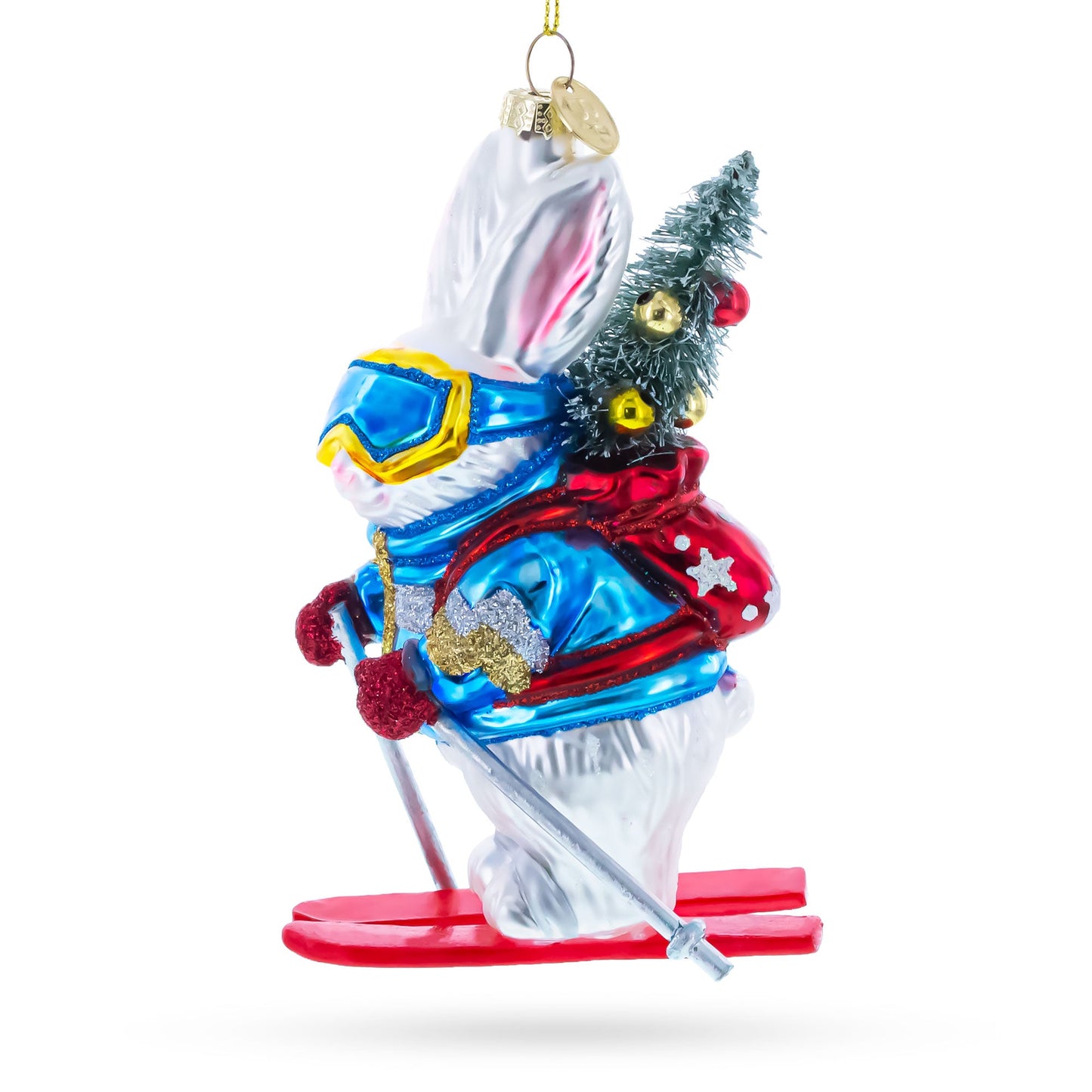 Skiing Bunny with Backpack Glass Christmas Ornament