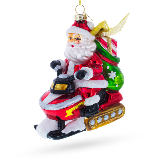 Santa on Snowmobile Glass Christmas Ornament