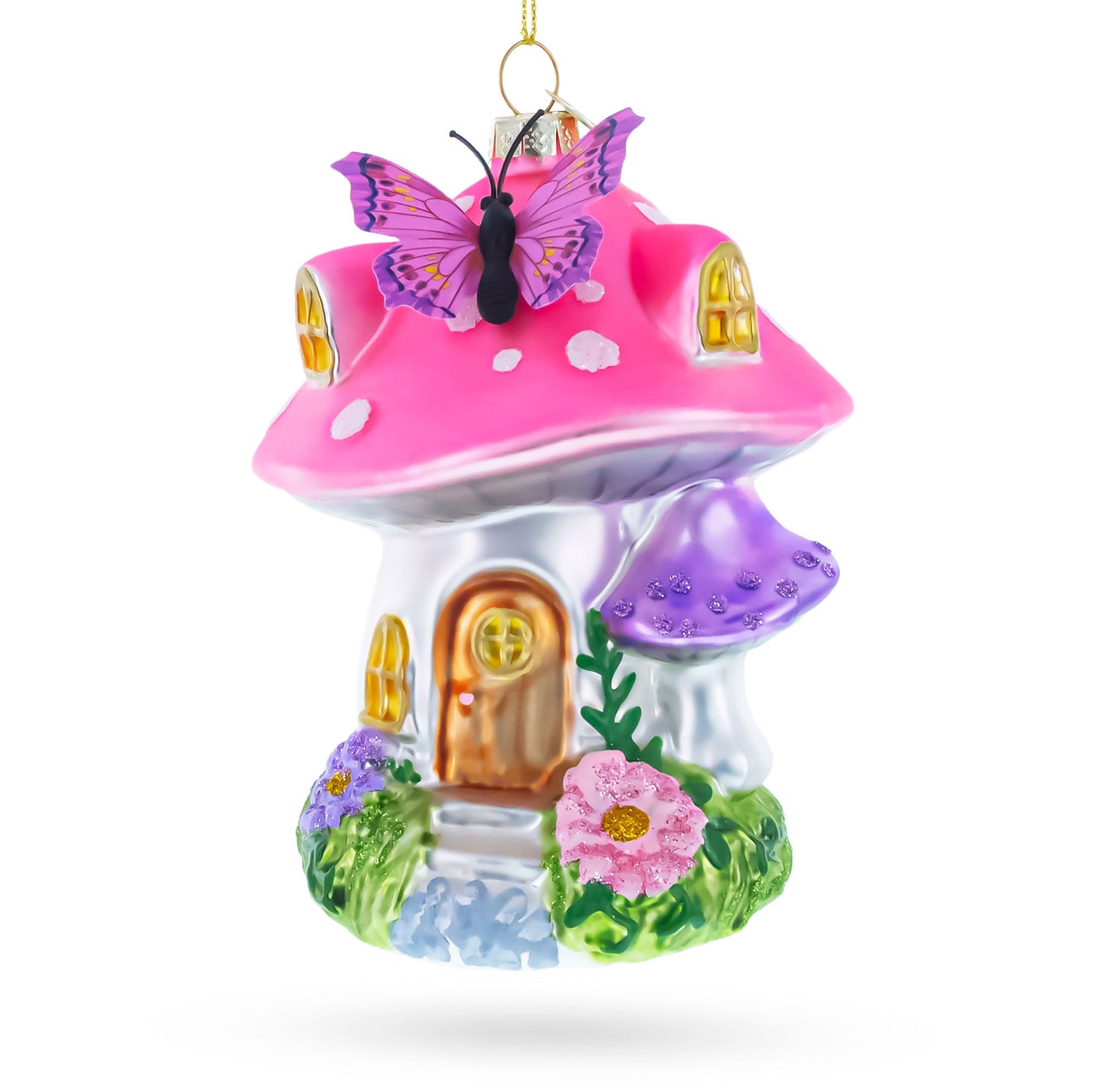 Fairy Mushroom House Glass Christmas Ornament
