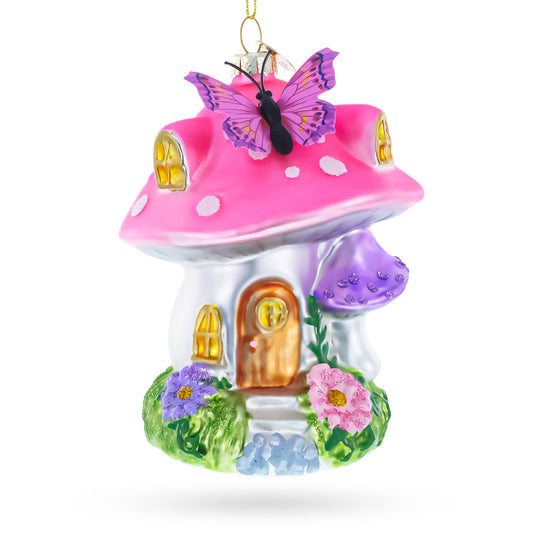 Fairy Mushroom House Glass Christmas Ornament