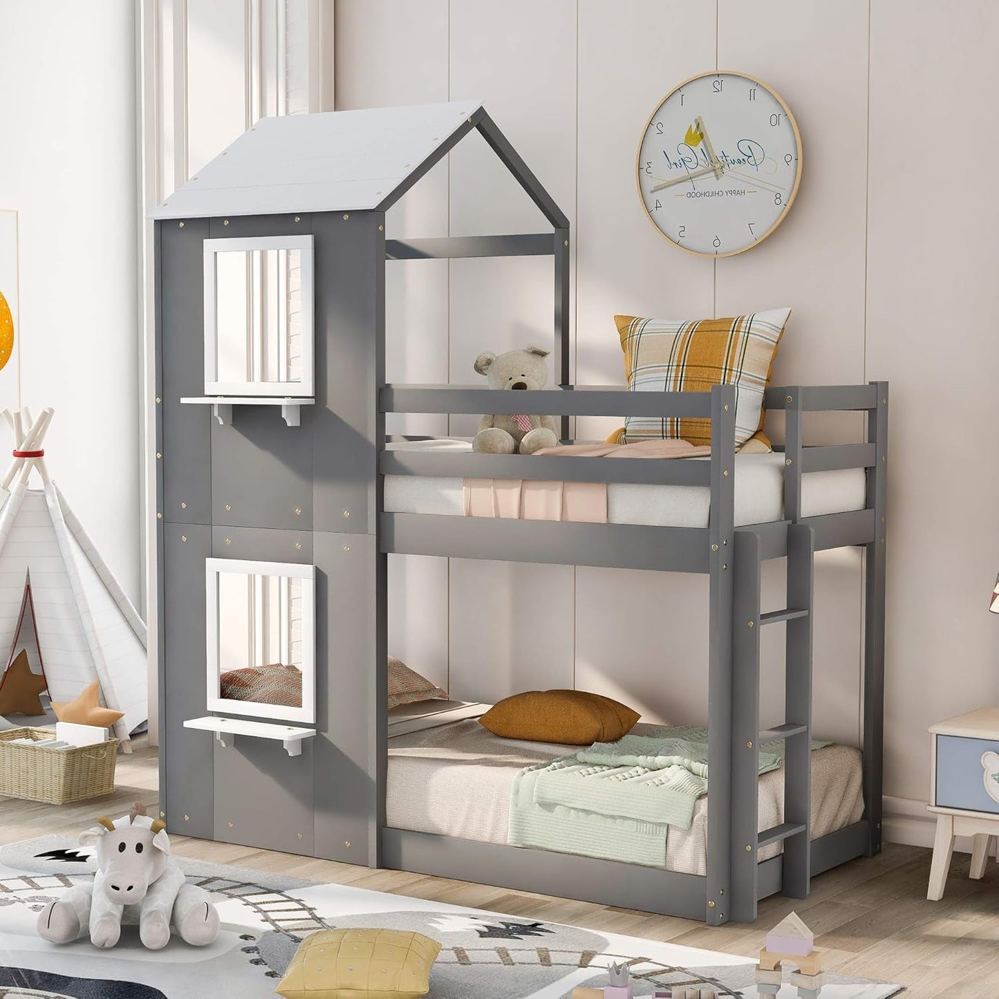 Twin Over Twin House Bunk Bed With Roof And Ladders Grey