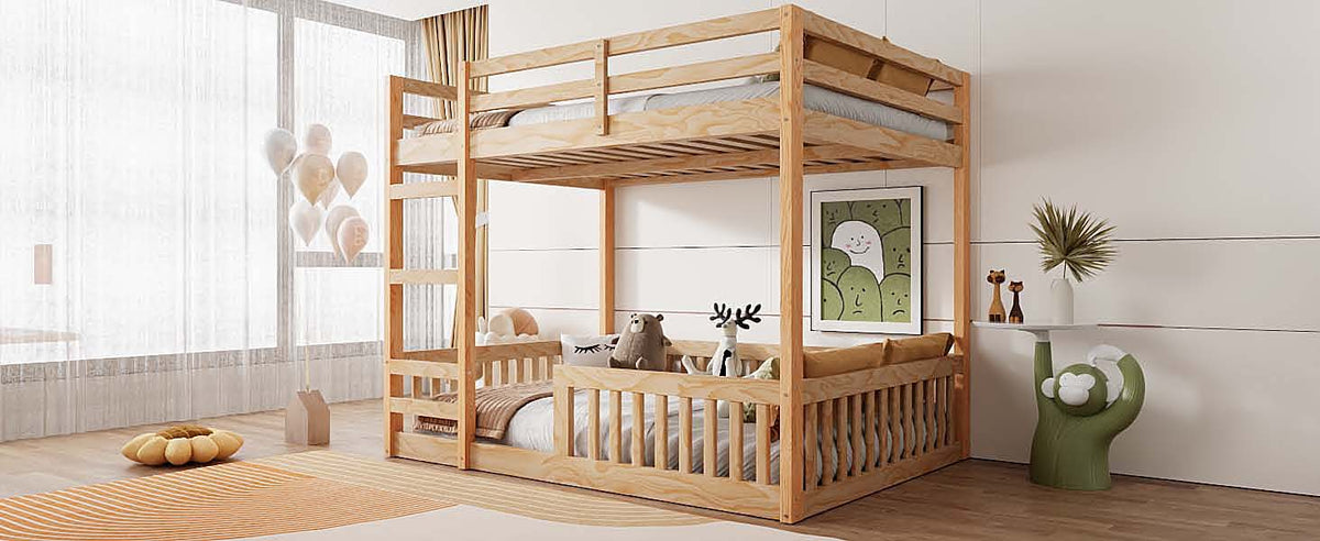 Full Over Full Wood Bunk Bed with Ladder and Guardrails