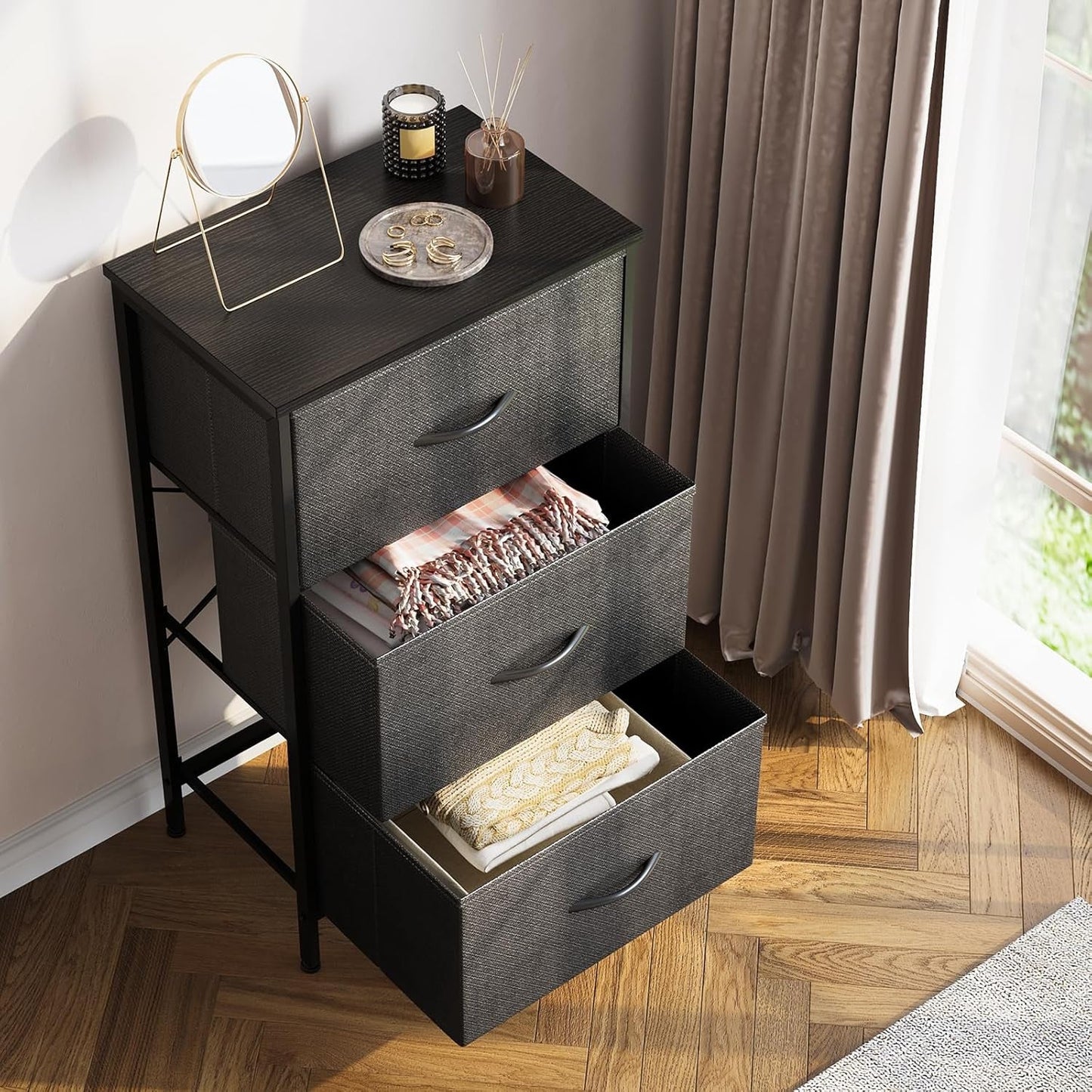 Dark Grey Dresser Nightstand With 3 Drawers Space Saver