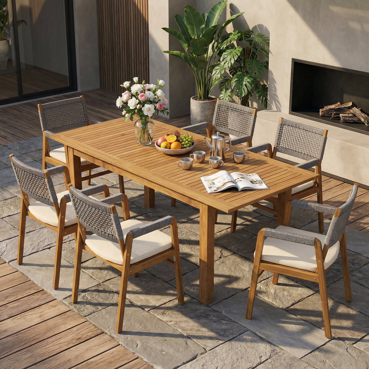 Outdoor 7 Pieces Rustic Patio Acacia Expandable Dining Set with Cushions