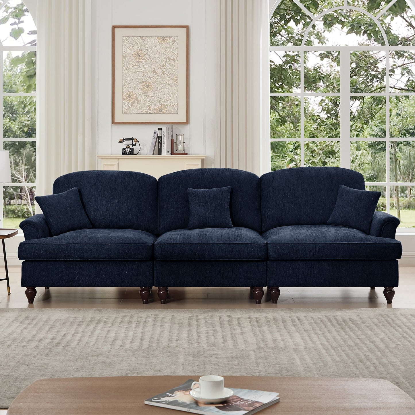 Elegant Mid Century Large 3 Seater Sofa Couch with Flared Arms and Removable Ruffles Pleats Skirts and Spindle Legs, Comfy Chenille Three-Seat Sofa for Living Room, Blue