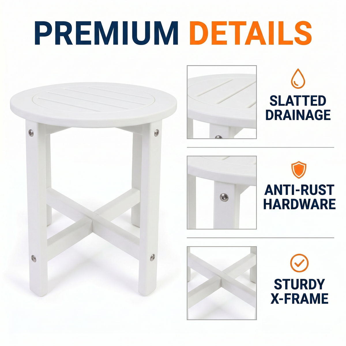 White HDPE Outdoor Side Table - 16 in. Round All-Weather Patio End Table