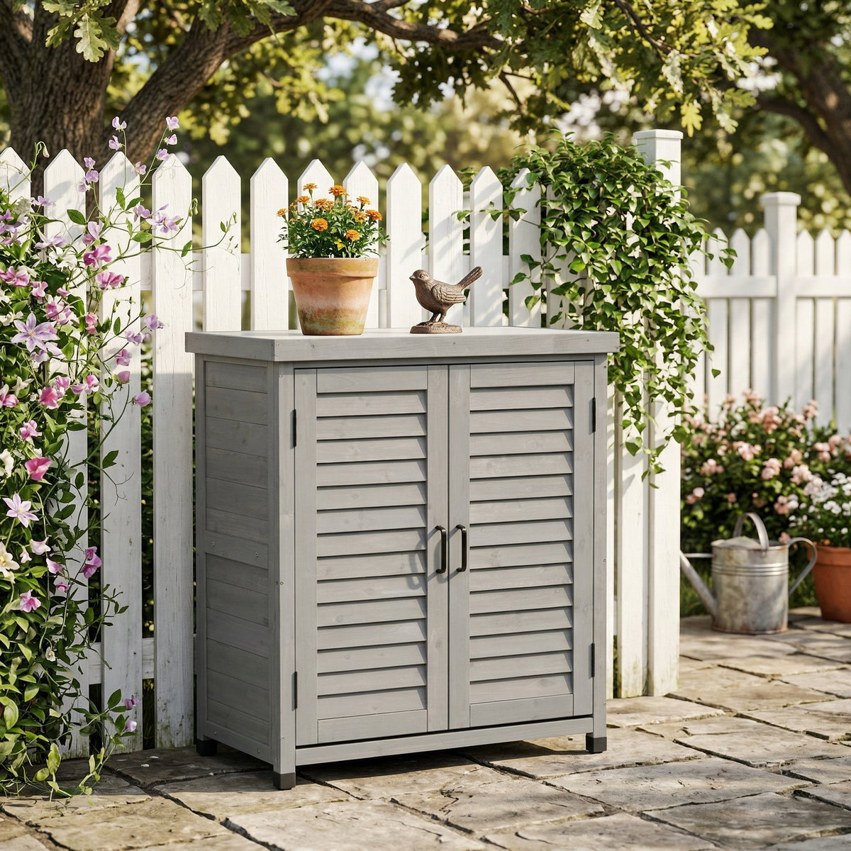 Potting Bench with Storage Cabinet and Metal Table Top