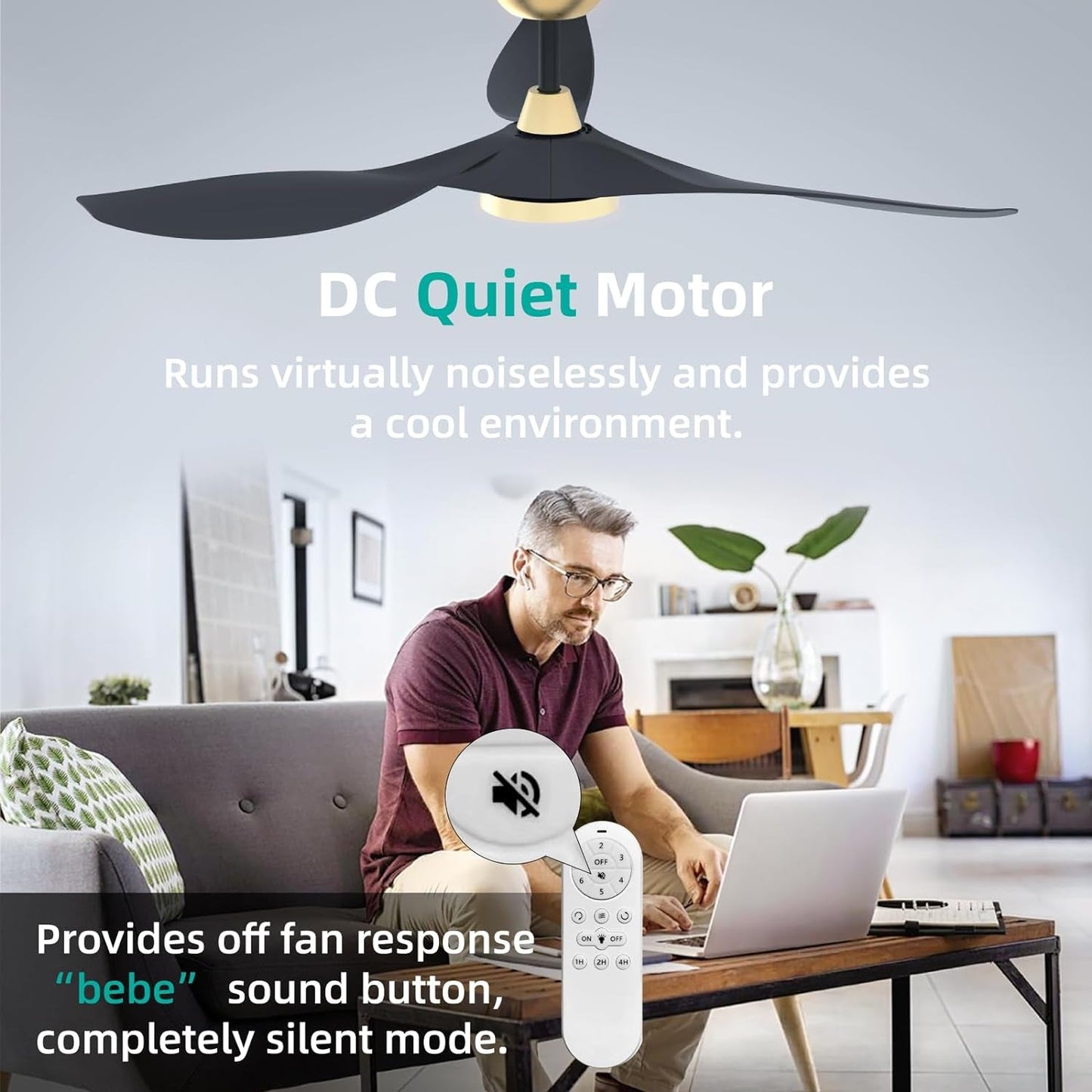 52 Inch Black Gold Indoor Ceiling Fan With LED Light featuring a DC Quiet Motor for noiseless operation and a remote control.