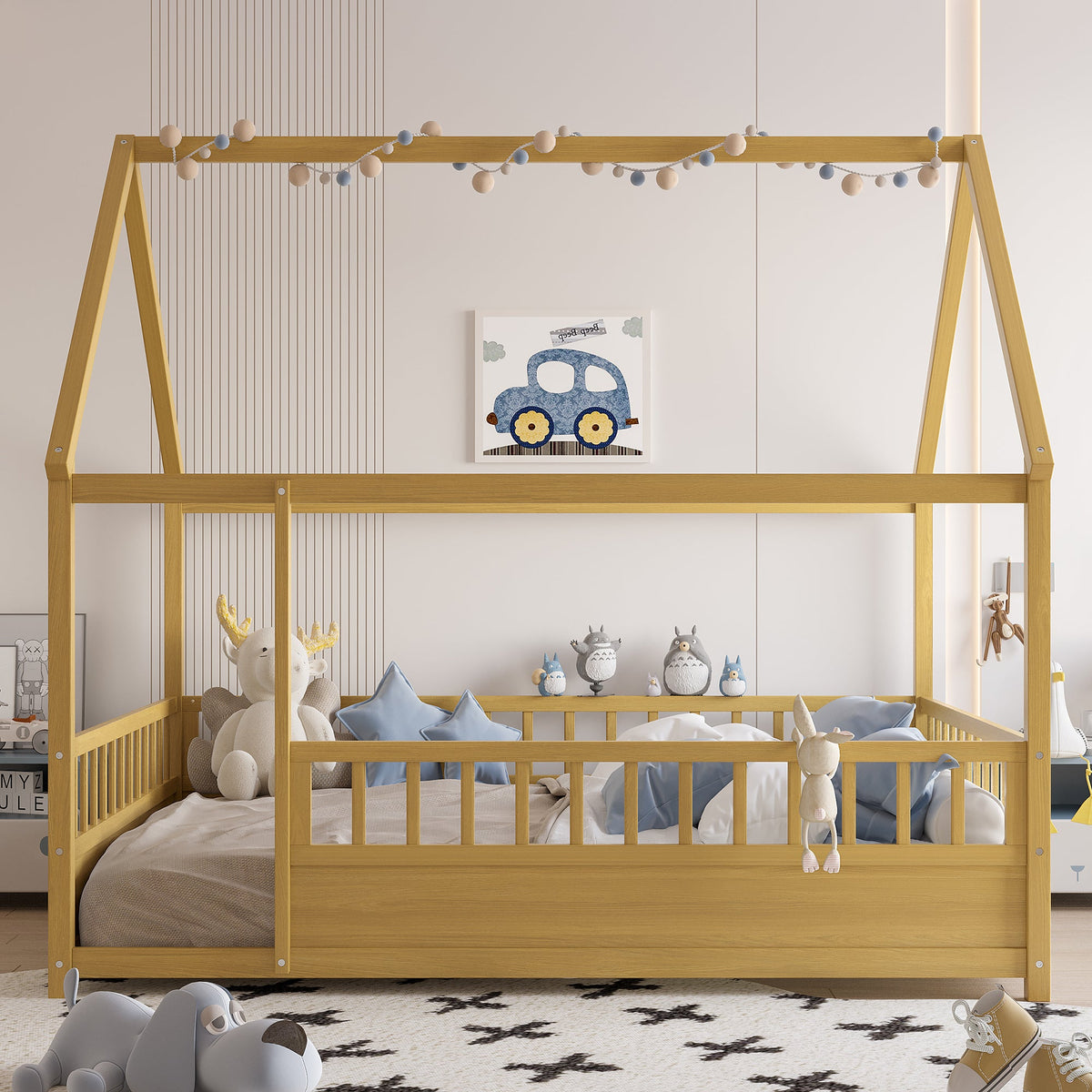 Full Size Floor Wooden Bed with House Roof Frame