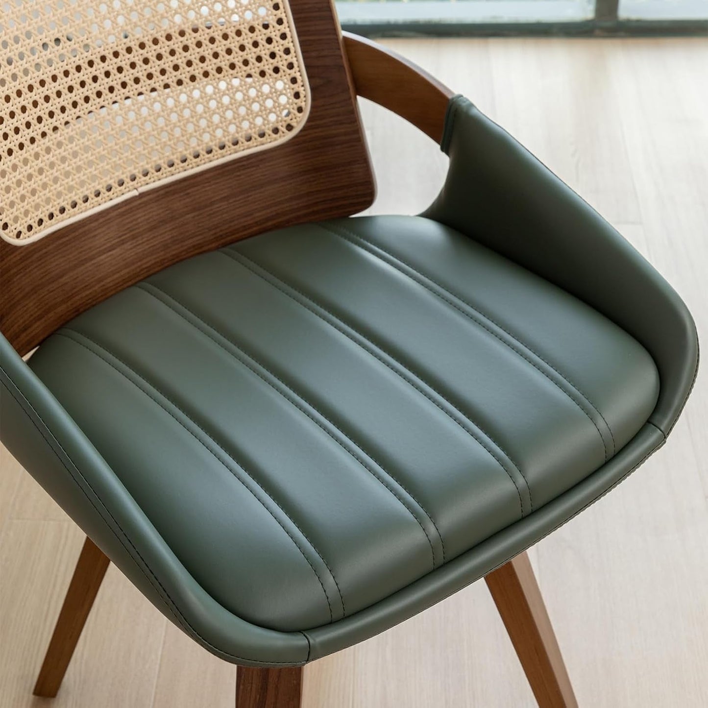 Set Midcentury Green Rattan Bentwood Dining Chairs