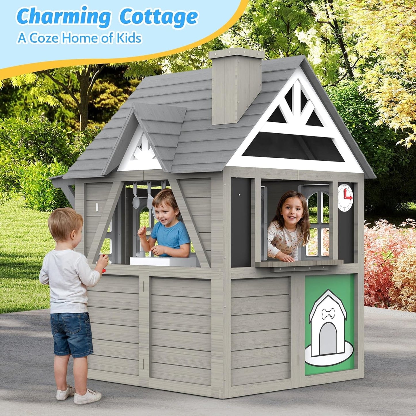 Gray Cedar Outdoor Playhouse With Realistic Kitchen