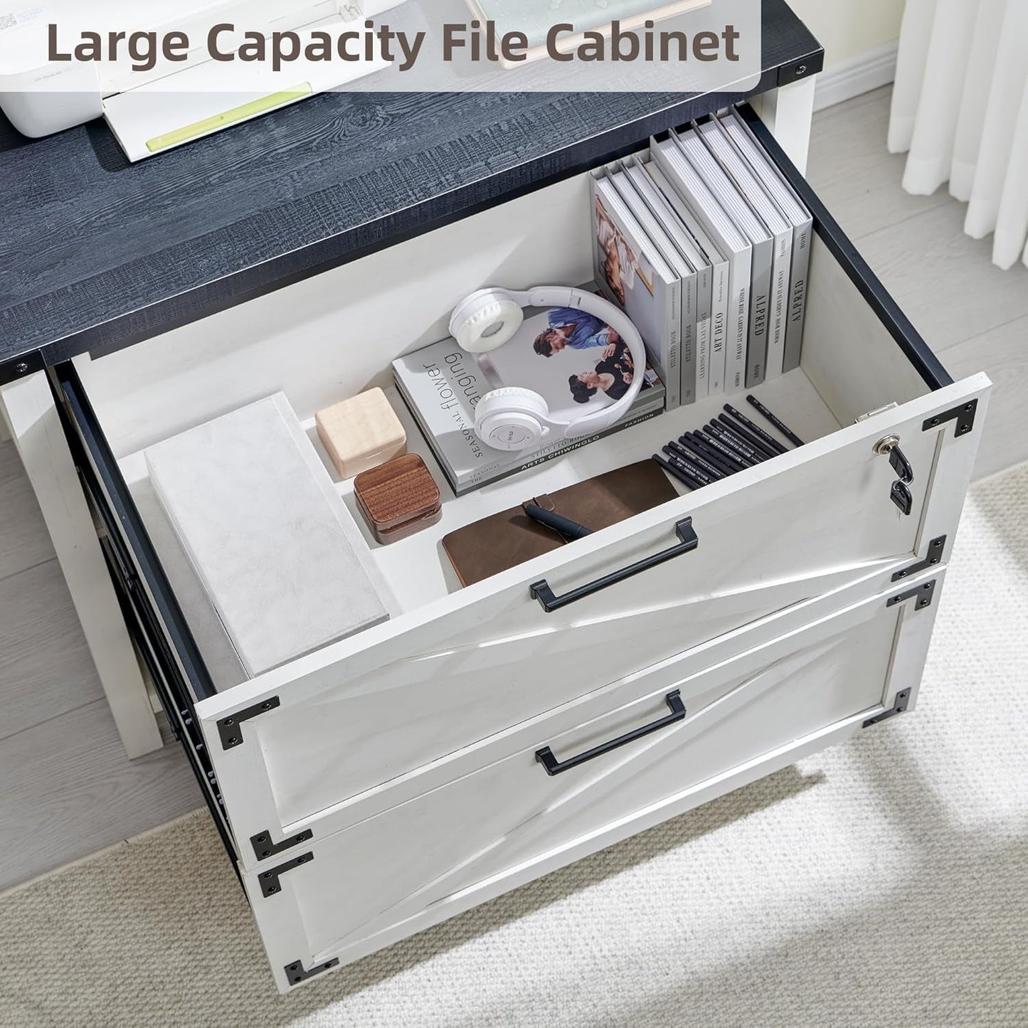 White Farmhouse Lateral File Cabinet With 2 Drawers