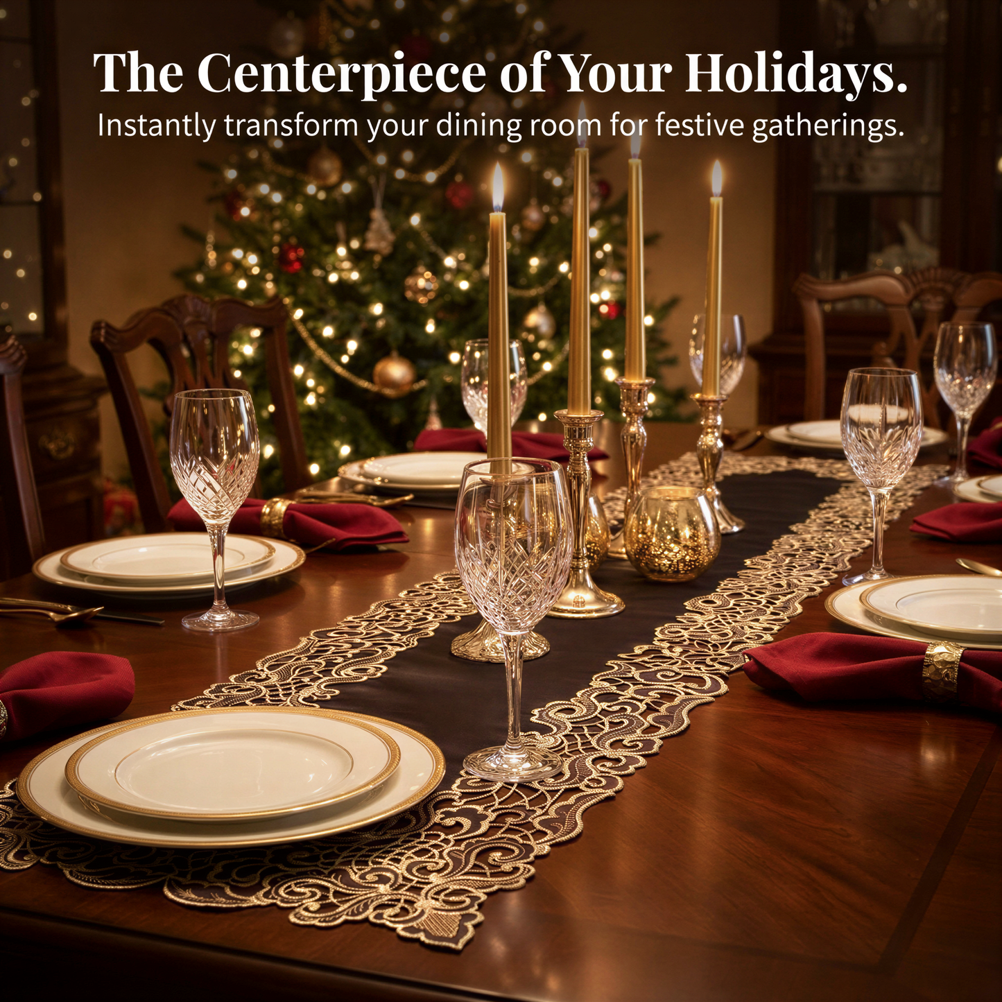 Black Gold Table Runner – Granada Collection Rustic Embroidered Linen Decor 14x108 Inch