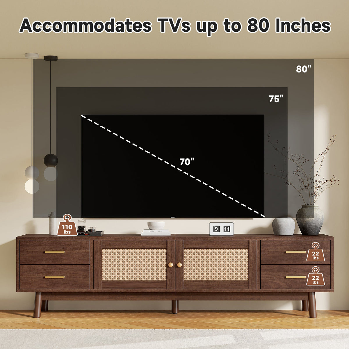 70-Inch Modern TV Stand with Rattan Doors