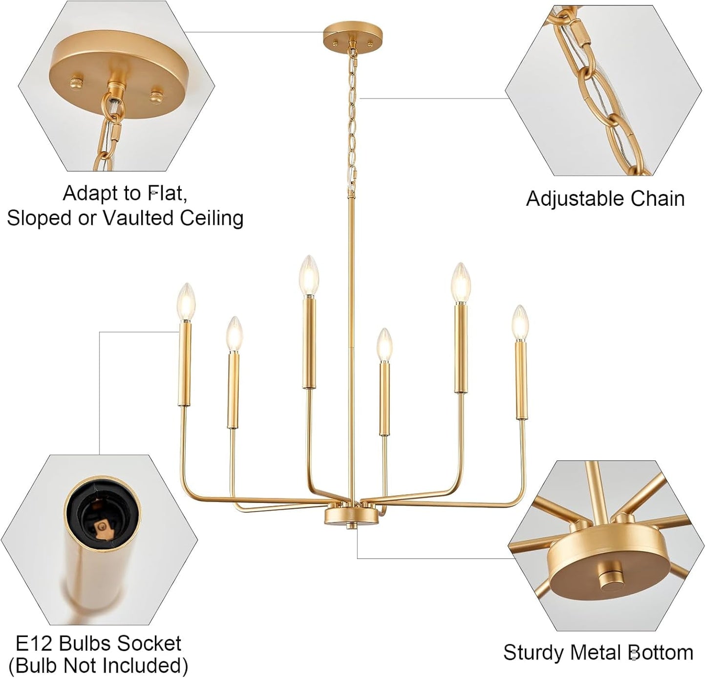 Gold 6 Light Candle Chandelier For Dining Room Modern adjustable features and sturdy design highlights.