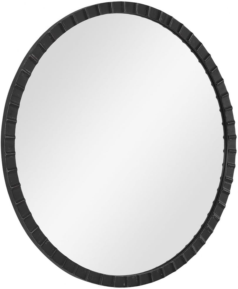 34 Inch Round Industrial Mirror Wall Mounted Matte Black Silver Finish
