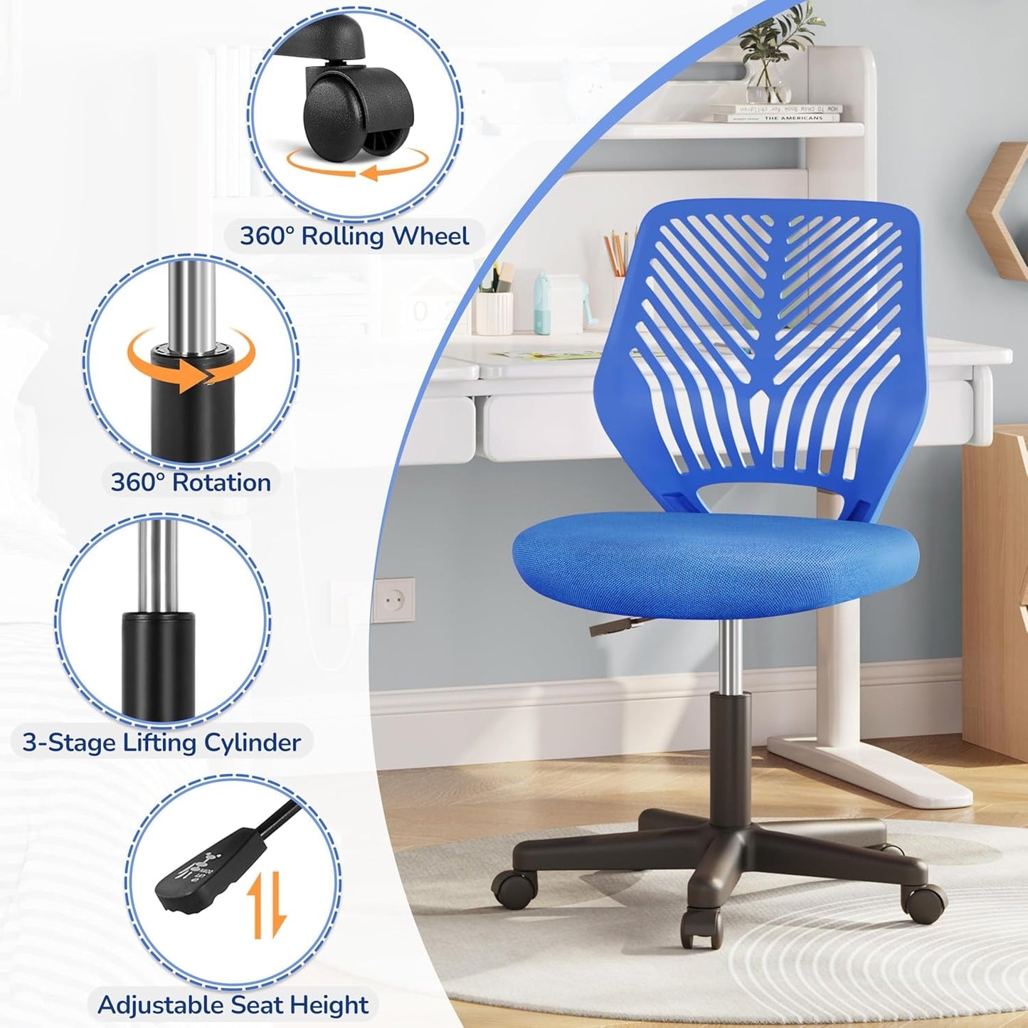 Blue Adjustable Student Desk Chair With Lumbar Support