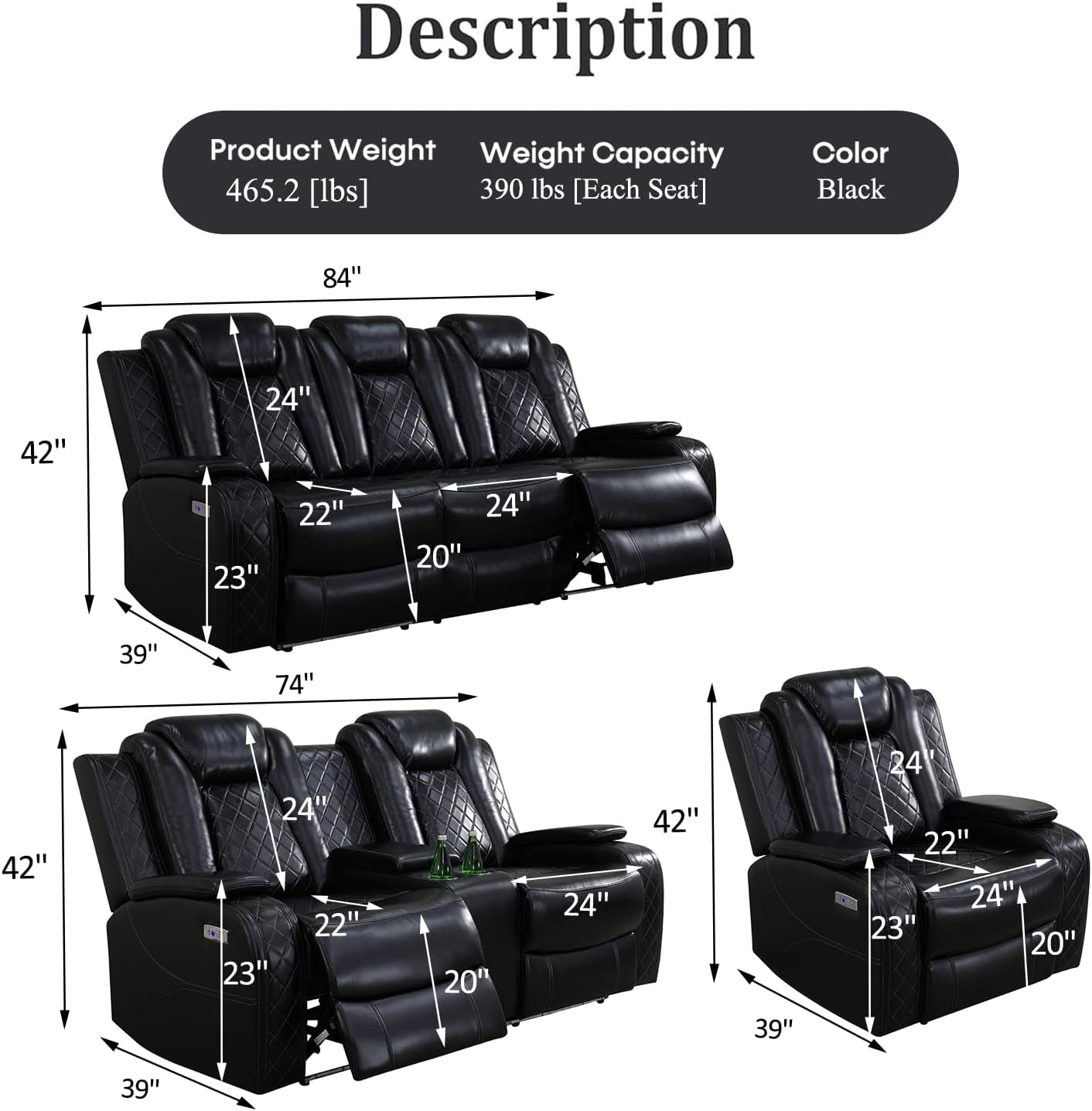 Black Leather Power Recliner Sofa Set With USB Ports