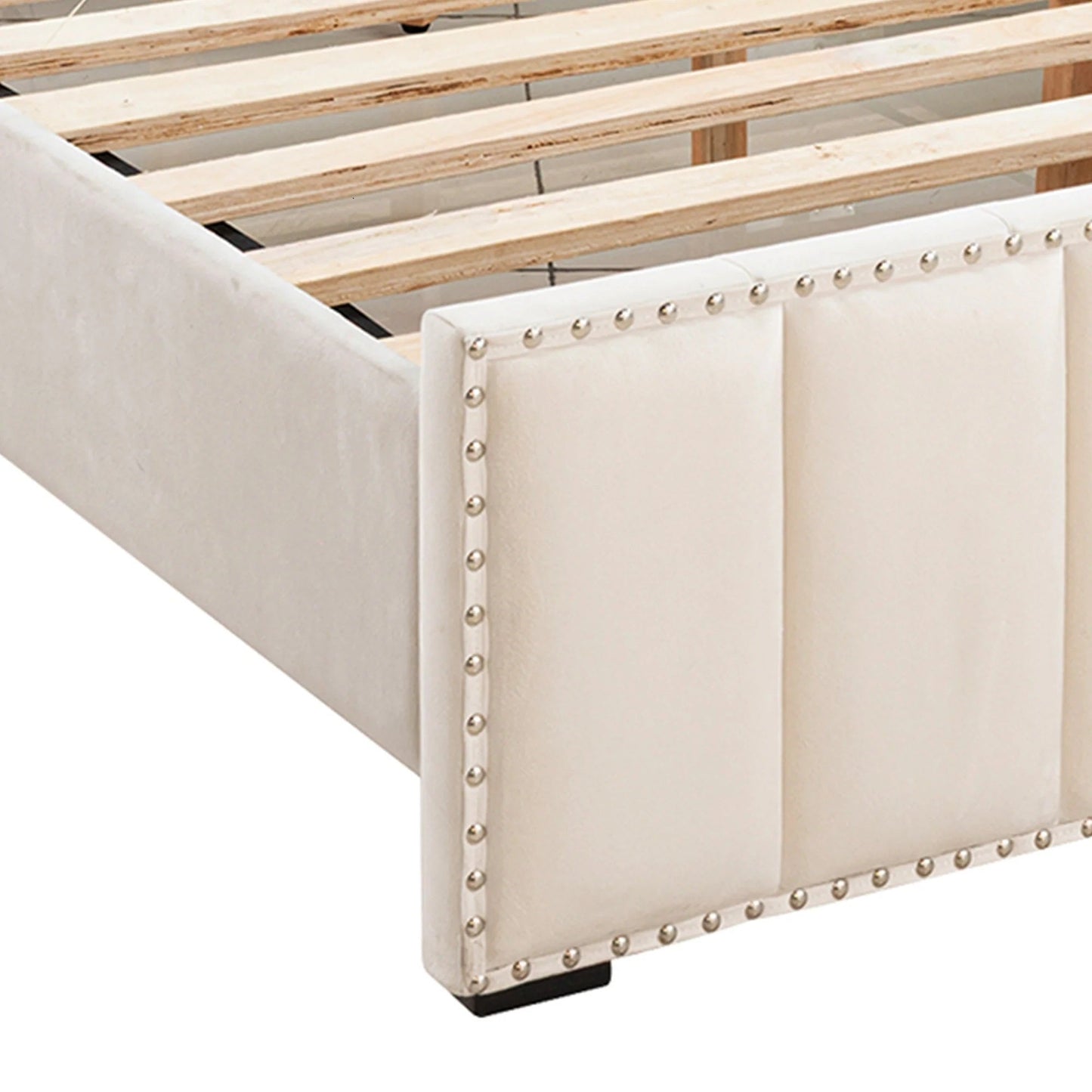 Queen Size Bed 2x Nightstands Bedroom Furniture Contemporary Beige Fabric Upholstered Bedframe w LED Nailhead Trim 3pc Bedroom Set
