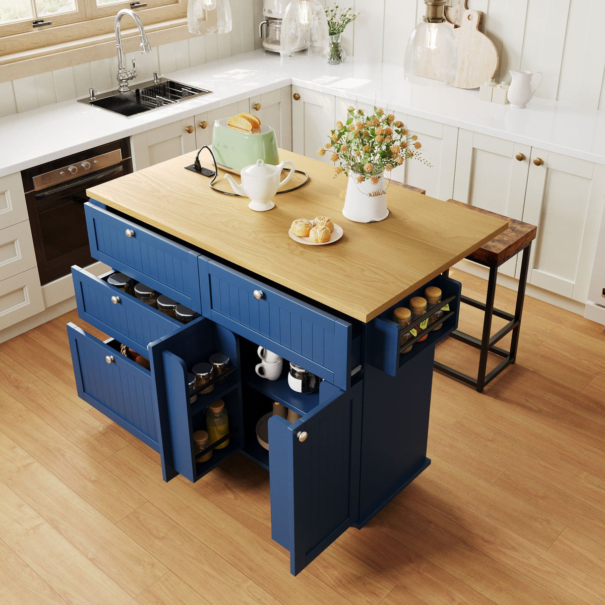 Topmax Farmhouse Kitchen Island with Drop Leaf and 2 Seatings