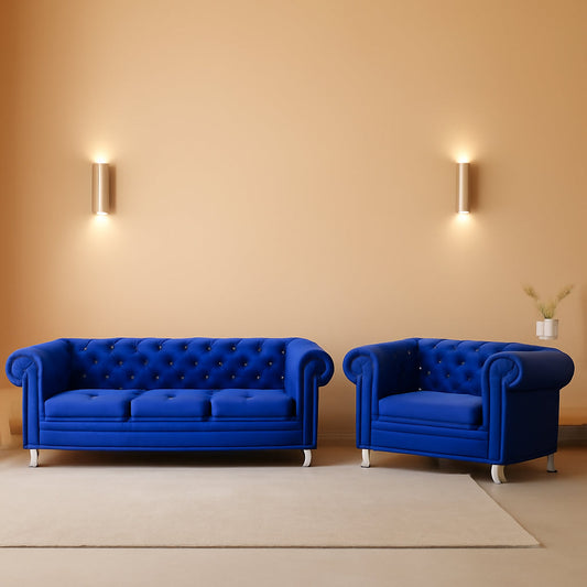 Royal Blue Crystal Tufted Velvet Sofa and Loveseat Set