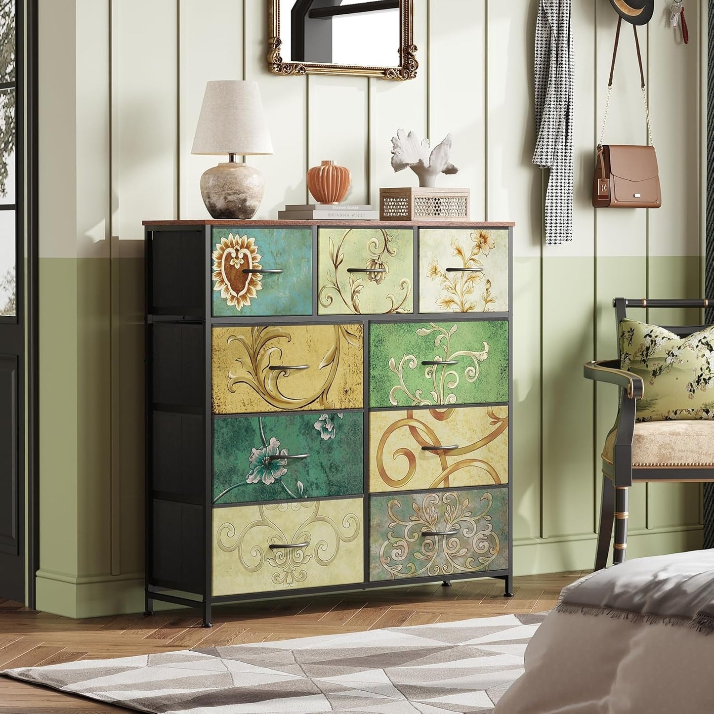 9 Drawer Dresser With Fabric Bins Floral Pattern Wood Top