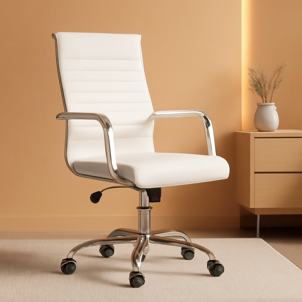 White PU Leather Office Chair With Adjustable Armrests