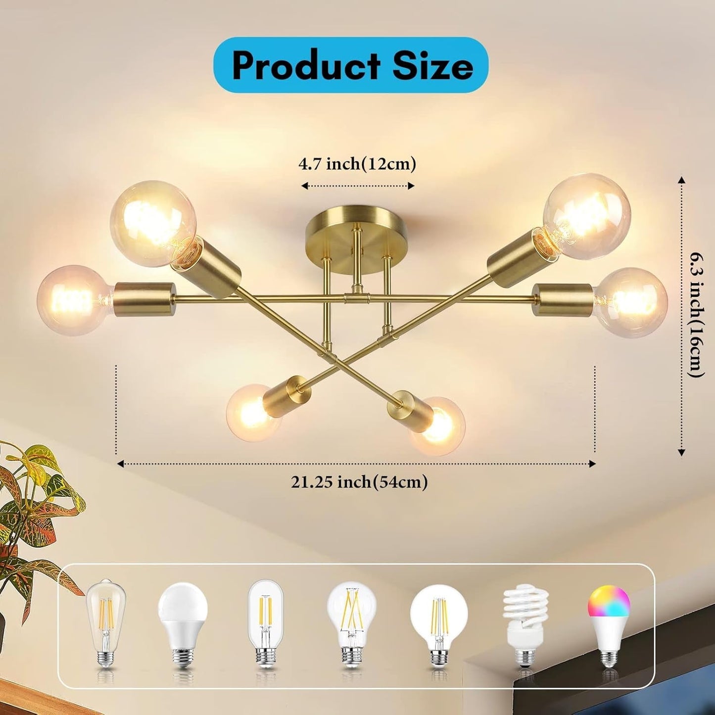 Gold Sputnik Chandelier Semi Flush Mount Ceiling Fixture