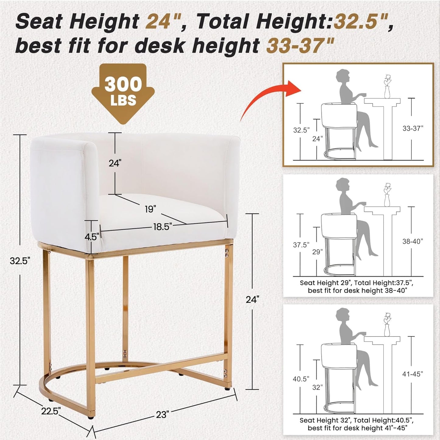 Counter Height Bar Stools Set Of 2 Ivory Velvet 24 Inch