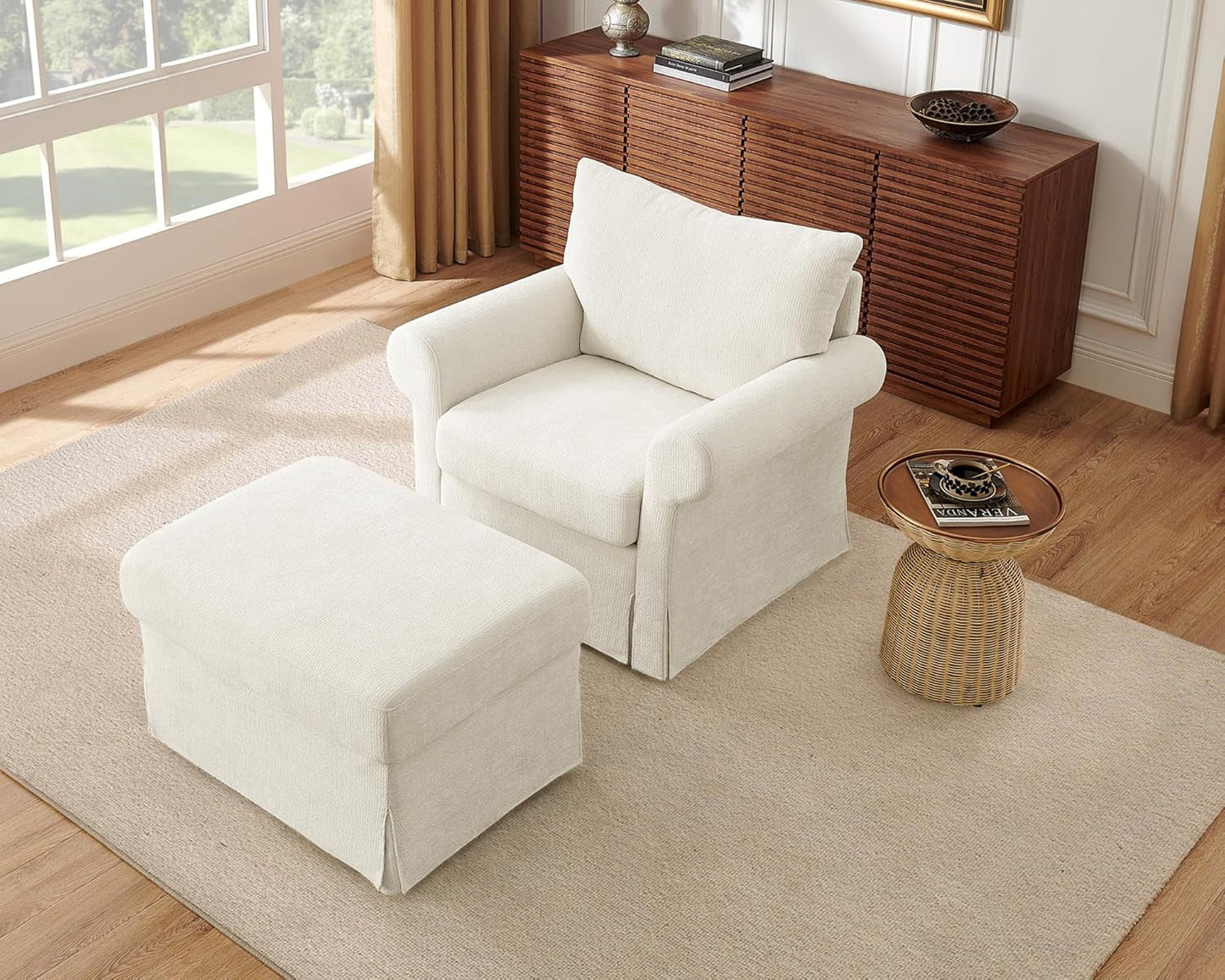 Beige Chenille Contemporary Ottoman Reading Chair Set