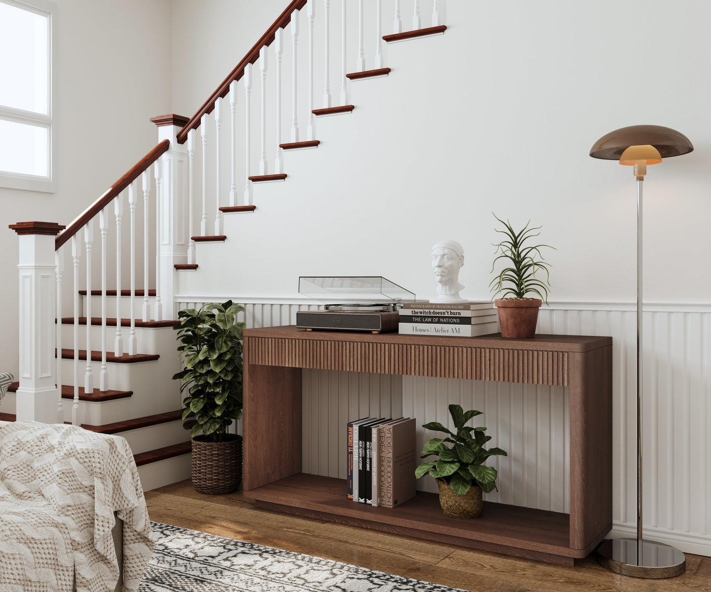 60' Modern 2-Drawer Fluted Console Table Natural Wood Veneer Sofa Table Behind Couch Table for Living Room, Hallway, Entryway, Home Office, Walnut
