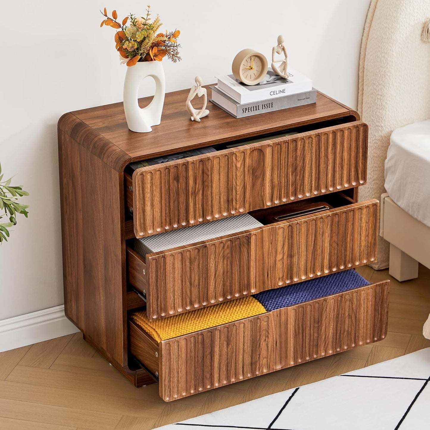 Walnut Fluted Three Drawer Dresser 31 Inch Wide Storage