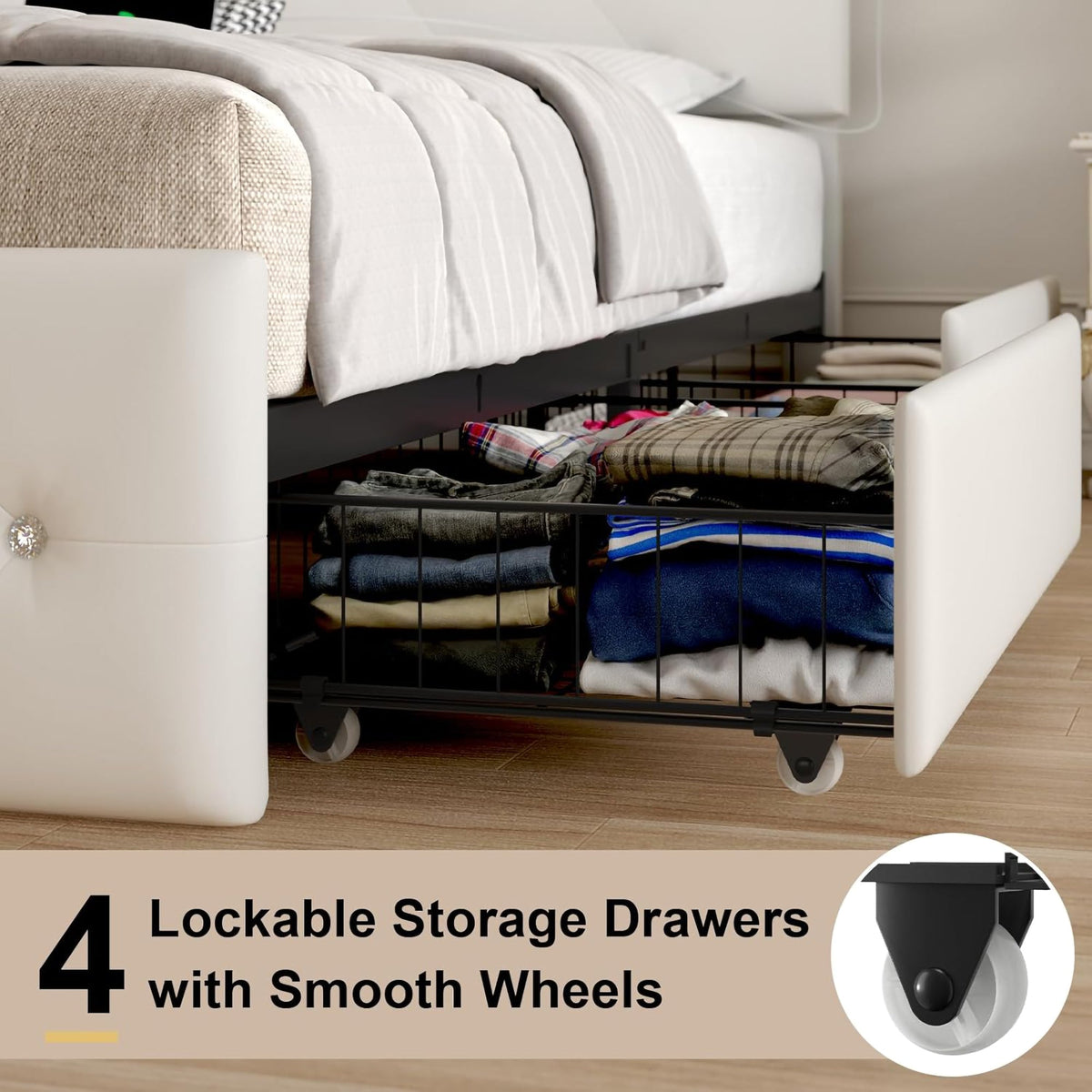 Full Size Bed Frame With LED Light And 4 Storage Drawers