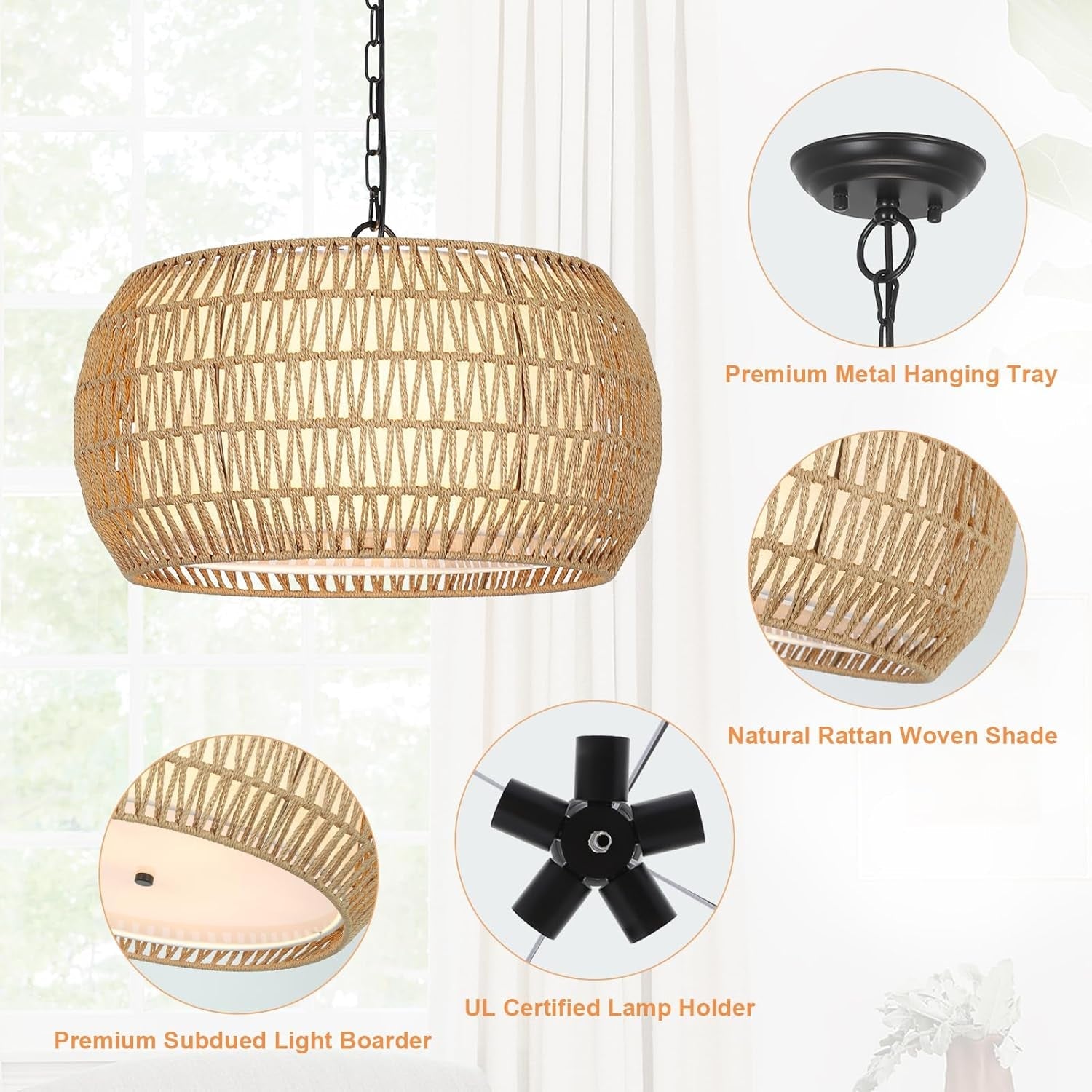 Rattan Farmhouse 5 Light Chandelier With Fabric Shade featuring woven shade and metal details.