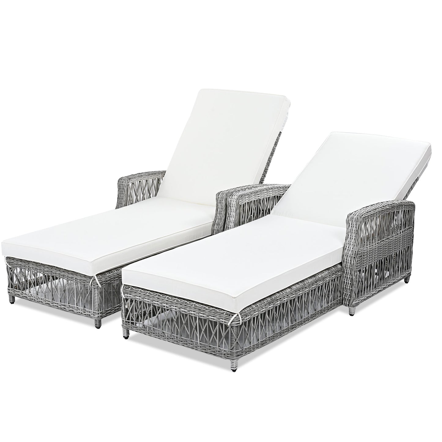 GO 2 Pieces Long Reclining Chaise, Outdoor Wicker Lounge with Armrests, Patio Adjustable Recliner with Soft Removable Cushions, All Weather Rattan Pool Lounge for Poolside & Garden, Beige