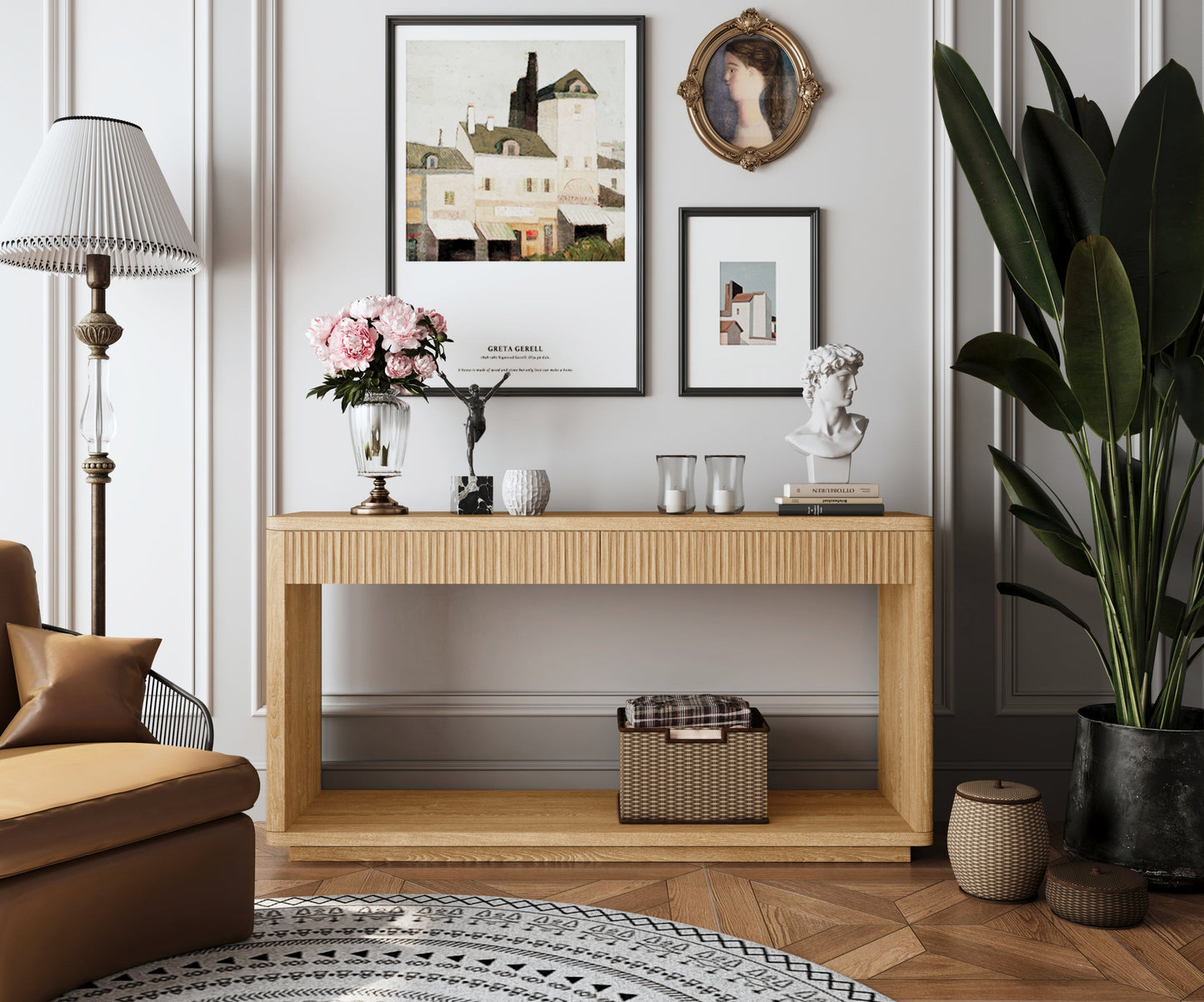 60' Modern 2-Drawer Fluted Console Table Natural Wood Veneer Sofa Table Behind Couch Table for Living Room, Hallway, Entryway, Home Office, Natural Wood