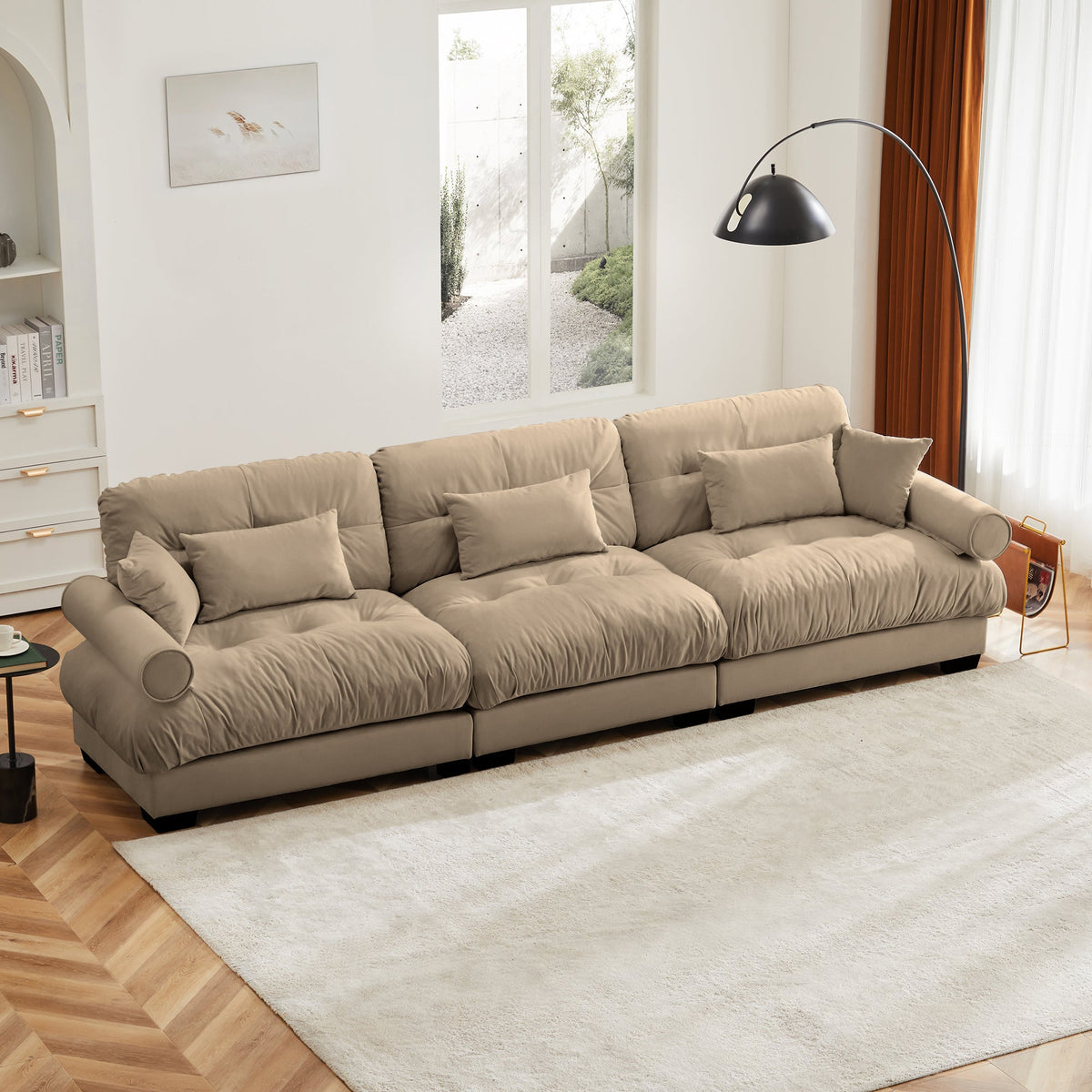 Extra Large 3 Seat Modern Velvet Sofa - Camel